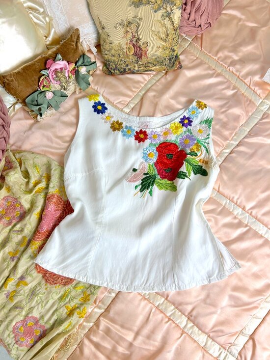 Vintage Tops - Vintage 1960s Hand-Embroidered White Sleeveless Top, Colorful Floral Folk Blouse